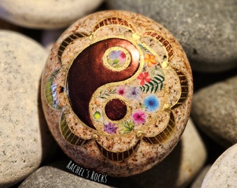 Yin Yang stone. Hand painted Lake Superior stone with flowers. . Size approx 4 inches.