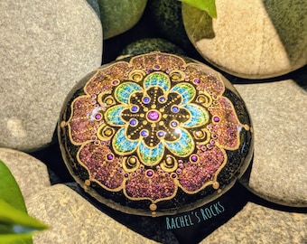 Metallic watercolor Mandala. Hand painted Lake Superior stone. Size approximately 4 inches.