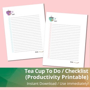 Lista de tarefas em branco com xícara de chá fofa, planejador, tarefas, lista, lista de verificação, cronograma diário, rastreador, para impressão, PDF, carta dos EUA, meia-letra