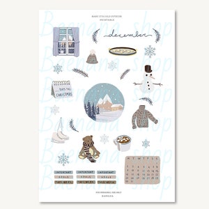 Può includere: Un foglio stampabile a tema invernale con illustrazioni di una scena di finestra, un pupazzo di neve, un maglione, pattini da ghiaccio, un orsacchiotto e un calendario di dicembre. Il testo include "Baby It's Cold Outside" e "Days Till Christmas."