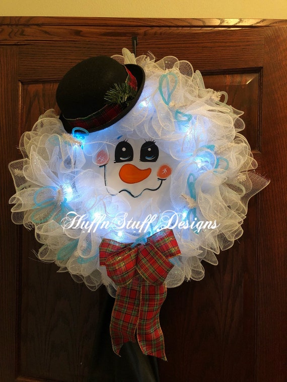 Lighted Snowman wreath Winter wreath White deco mesh wreath Etsy
