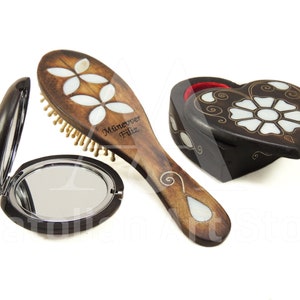Incrustación madre de perla, caja, espejo de mano y peine, conjunto de maquillaje de madera, conjunto de maquillaje regalo, caja de anillo de madera, caja de joyería de madera, día de las madres