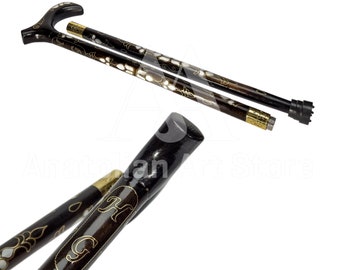 Walnut wood travel walking stick with mother of pearl inlay, Gift walking stick, Wooden staff, Gift for parents, Rod, Valentine Gift