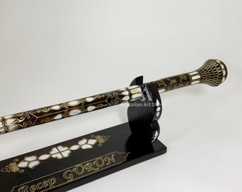 Personalized Unique Cane with Display Stand, Wooden, Mother of Pearl inlaid Walking Stick , Handcrafted Walking Stick, Fathers Day Gift