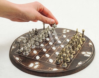 Miniature size mother of pearl inlaid chess set, Christmas gift, Father&#39;s day gift,Mythological chess piece,Portable chess,Wooden Chess Set,