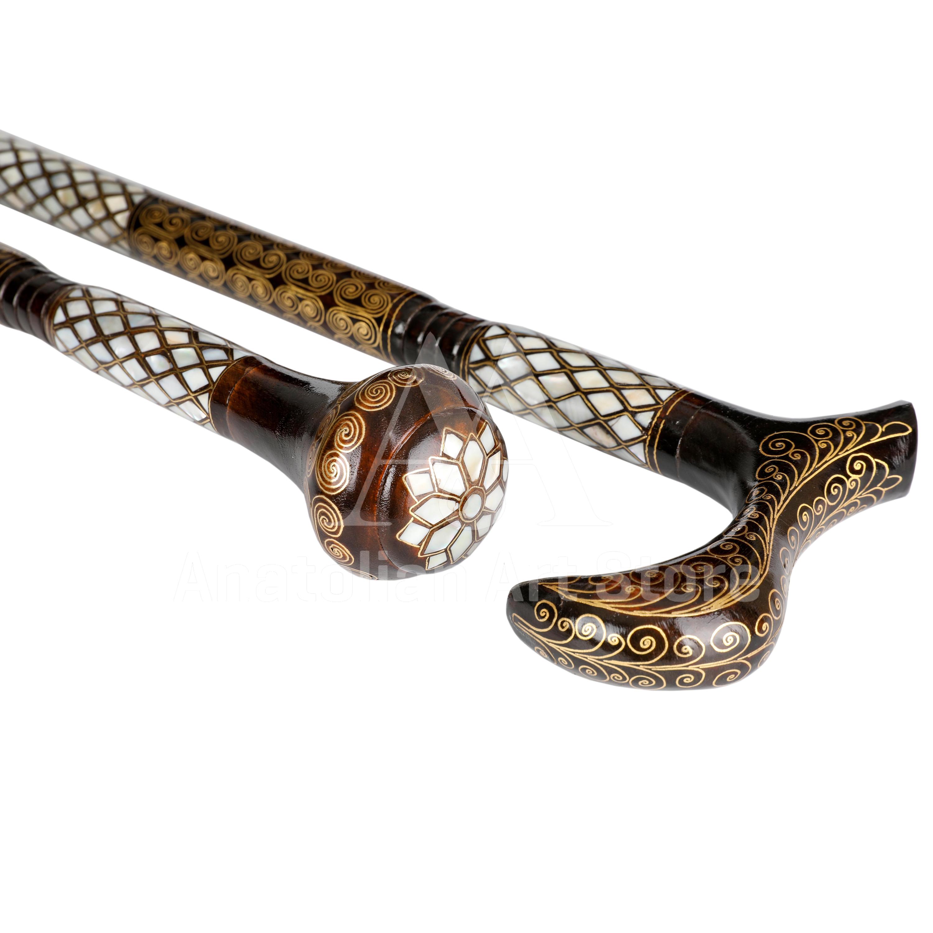 Handmade Walnut Walking Stick Set: Mother of Pearl Inlay, Brass ...