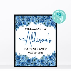 Blue Floral 2 Baby Shower, Floral Baby Shower Welcome Sign, Welcome Sign, Baby Shower, Editable Digital Printable Template, Corjl