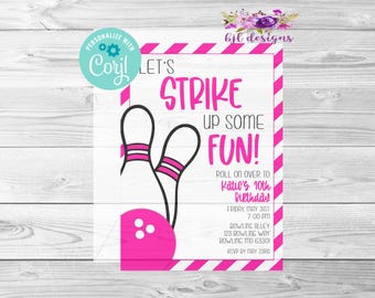 Bowling verjaardagsuitnodiging, verjaardagsuitnodiging, digitale bewerkbare uitnodiging, Corjl, Instant Download