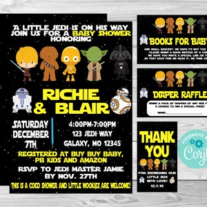 Invitación para baby shower de Star Wars, bebé de Star Wars, invitación digital editable, Corjl, descarga instantánea, etiqueta de agradecimiento