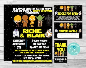 May include: A black and yellow baby shower invitation with a Star Wars theme. The invitation features cartoon characters from Star Wars, including Yoda, Chewbacca, R2-D2, and Darth Vader. The invitation is for Richie and Blair's baby shower on December 7th from 4:00 PM to 7:00 PM at 123 Jedi Way, Galaxy, MO 12345. The invitation also includes information about the RSVP deadline and where the couple is registered.