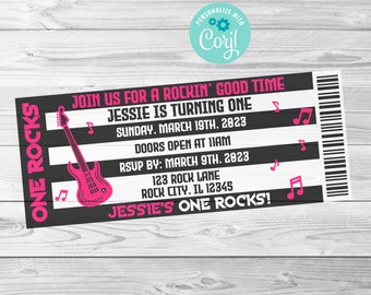 Rock Ticket Birthday Invite, One Rocks Invite, Birthday Invite, Digital Editable Invitation, Corjl, Instant Download