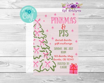 Uitnodiging kerstfeest Pinkmas, digitale bewerkbare uitnodiging, Corjl, direct downloaden