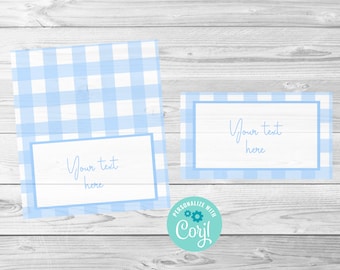 Blue Gingham Baby Shower, Baby Sprinkle, Place Cards of Food Labels, Blauw, Bewerkbare digitale download, Corjl