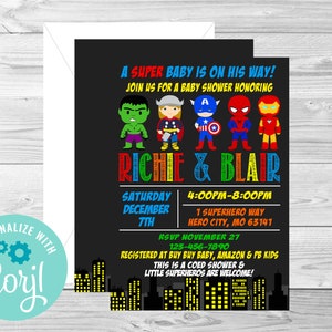 Invitación para baby shower de superhéroe, bebé superhéroe, invitación digital editable, Corjl, descarga instantánea, etiqueta de agradecimiento