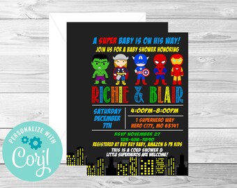 Superhero Baby Shower Invitation, Super hero baby, Digital Editable Invitation, Corjl, Instant Download, Thank You Tag