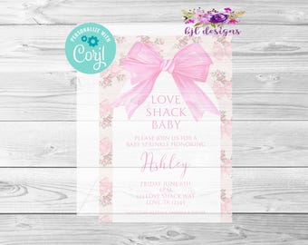Love Shack babyshower uitnodiging, digitale bewerkbare uitnodiging, Corjl, direct downloaden