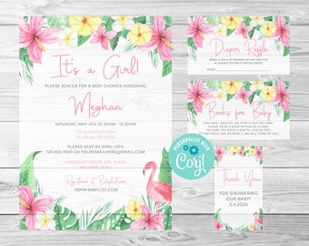 Flamingo 2 babyshower uitnodiging, flamingo baby, digitale bewerkbare uitnodiging, Corjl, instant download, bedankkaartje