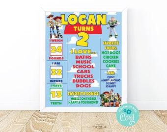 May include: A colorful birthday chart for a child named Logan turning two years old. The chart features images of Woody and Buzz Lightyear from the Toy Story franchise. It includes details like Logan's weight, height, and favorite things.