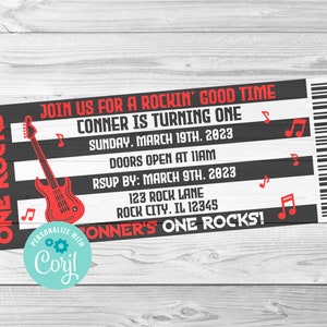 Rock Ticket Birthday Invite, One Rocks Invite, Birthday Invite, Digital Editable Invitation, Corjl, Instant Download