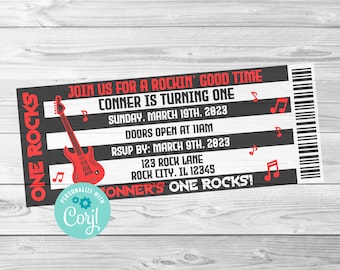 Rock Ticket Birthday Invite, One Rocks Invite, Birthday Invite, Digital Editable Invitation, Corjl, Instant Download