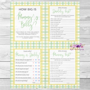 Yellow & Green Gingham Baby Shower Games, Baby Sprinkle, digital download, instant download