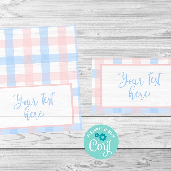 Pink & Blue Gingham Baby Shower, Baby Sprinkle, Place Cards or Food Labels, Pink and Blue, Editable Digital Download, Corjl