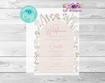 Babyshower met kleine wilde bloemen, digitale bewerkbare uitnodiging, Corjl, direct downloaden
