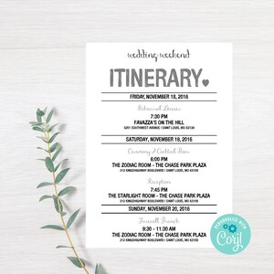 Wedding Weekend Itinerary, wedding, Wedding weekend,  Digital Editable Itinerary, Corjl, Instant Download