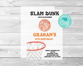 Basketbal verjaardagsuitnodiging, basketbal uitnodigen, verjaardagsuitnodiging, digitale bewerkbare uitnodiging, Corjl, Instant Download