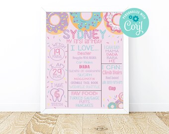 Donut Grow Up Birthday Poster, Milestone board, Digital Editable Temple, Corjl, pink, purple, Instant Download
