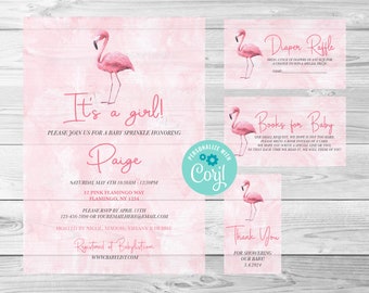 Invitation de baby shower Flamingo 3, bébé flamant rose, Invitation modifiable numérique, Corjl, téléchargement immédiat, étiquette de remerciement
