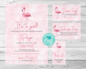 Flamingo 3 Baby Shower Invitation, flamingo baby, Digital Editable Invitation, Corjl, Instant Download, Thank You Tag