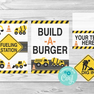 Cartões de locais de construção, rótulos de alimentos, construção, download digital editável, Corjl