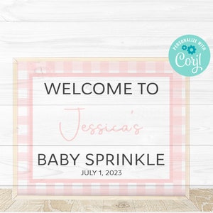 Pink Gingham Baby Sprinkle,Pink Gingham Baby Shower Welcome Sign, Welcome Sign, Baby Shower, Editable Digital Printable Template, Corjl