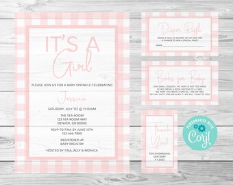 Pink Gingham Baby Shower Invitation, Baby Sprinkle, Digital Editable Invite, Corjl, Instant Download, Thank You Tag