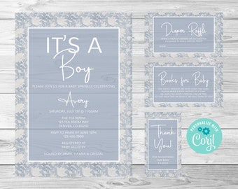 Blauwe bloemen 1 babyshoweruitnodiging, babystrooisel, digitale bewerkbare uitnodiging, Corjl, instant download, bedanktag