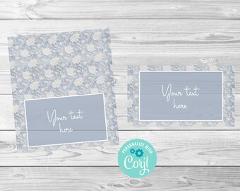 Blauwe bloemen 1 babyshower, babystrooisel, plaatskaarten of voedseletiketten, blauw, bewerkbare digitale download, Corjl