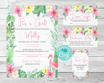 Flamingo 1 babyshoweruitnodiging, flamingo baby, digitale bewerkbare uitnodiging, Corjl, instant download, bedankkaartje