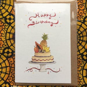Biglietto d'auguri, tema africano/torta di compleanno con frutti tropicali/buon compleanno