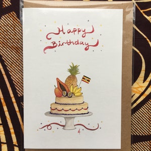 Biglietto di compleanno con frutta tropicale con bandiera nazionale personalizzata/torta di frutta ad acquerello a tema africano/personalizzato