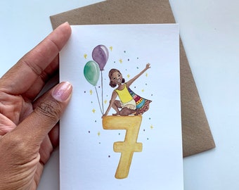 Kids Birthday Greeting Card with Age | Numbers 2, 3, 4, 5, 6, 7, 8 and 9 | Black, Brown, Ethnic Superhero Girl with Balloons and Confetti
