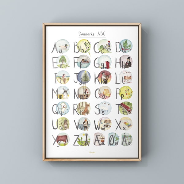 ABC of Denmark in DANISH | 50x70cm Alphabet Poster | Nordic Art Print | Scandinavian Art for Kids, Nursery Room Decor *more sizes