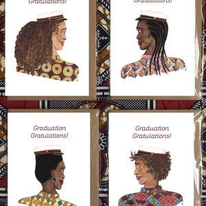 May include: Four graduation greeting cards featuring watercolor illustrations of people wearing graduation caps. Each card has the text "Graduation Gratulations!" in a brown font. The cards are in brown envelopes and are displayed on a patterned fabric background.