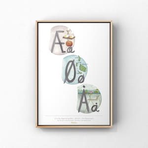 Lámina artística nórdica con letras del alfabeto danés / Póster escandinavo / Recuerdo de Dinamarca / A5