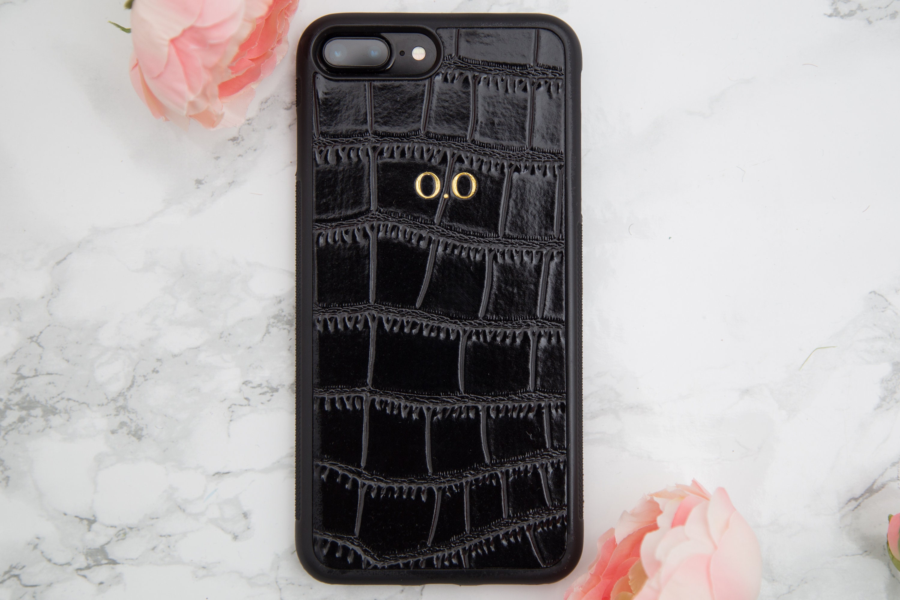 Monogrammed iphone 7+/ iphone 8+ case Black Croc leather, personalise…