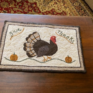 SALE - Finished Hand Hooked Rug "Give Thanks" 25"x15.5" ON SALE