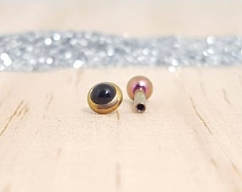 Onyx Stone in Bezel and Rose Gold Titanium Barbell Post for Cartilage and Tragus Piercings