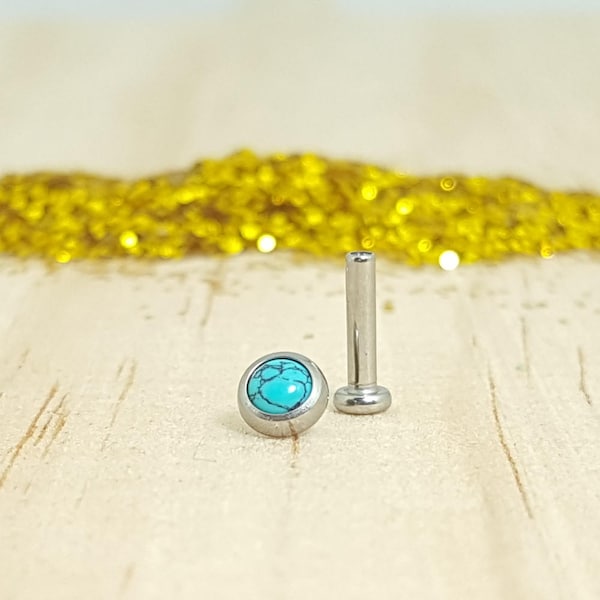 Turquoise Stone with Polished Titanium and Flat Base Barbell - Internally threaded