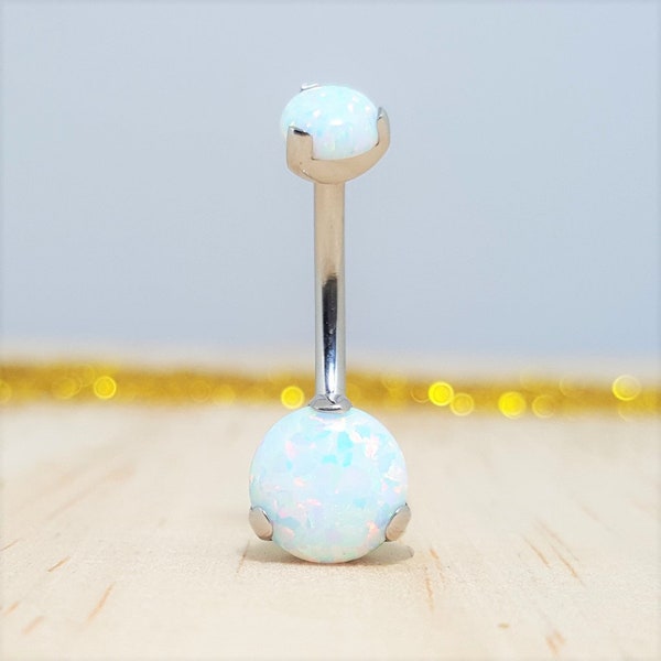 Implant Grade Titanium Internally Threaded Opal Prong Belly Button Ring White Opal