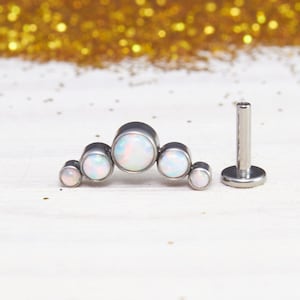 White Opal Crescent Moon with Polished Titanium Flat Back Labret Stud Internally threaded